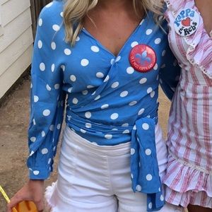Blue Polka Dot Wrap Top